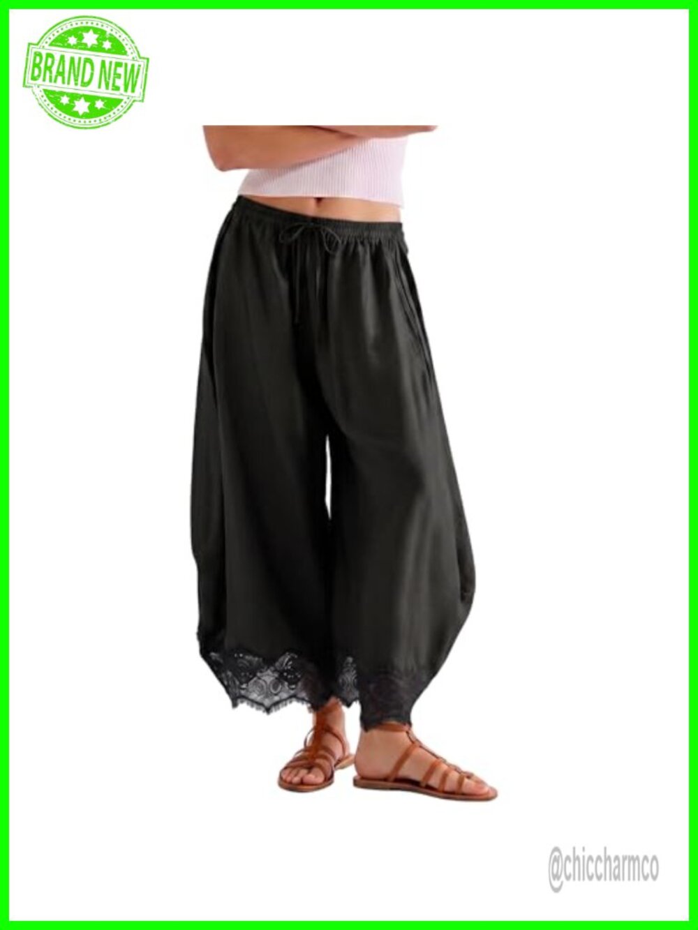Wide Leg Cropped Pants Lace Hem High Rise Drawstring Lounge Trousers
